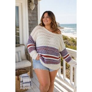 Elsie & Zoey Ivory Stripe Open Knit Boho Sweater Size 2XL Oversized Coastal